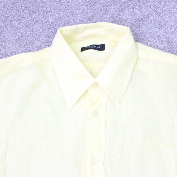 Canali Dress Shirt Mens Medium Yellow 100% Linen Long Sleeve Button Down - Picture 6 of 14